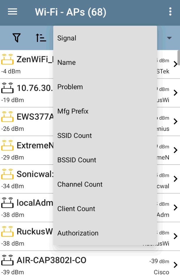 NetAlly AirCheck G3 P9 AP List with Filters screenshot