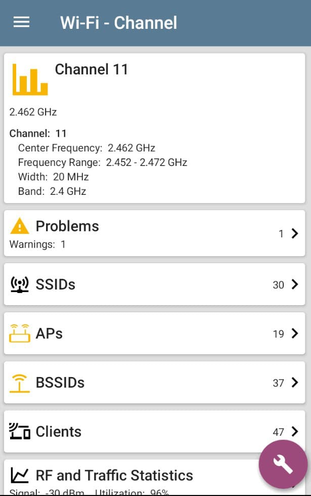 NetAlly AirCheck G3 screenshot Channel data