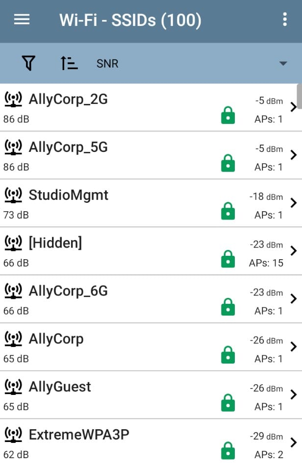 NetAlly AirCheck G3 screenshot showing SSIDs