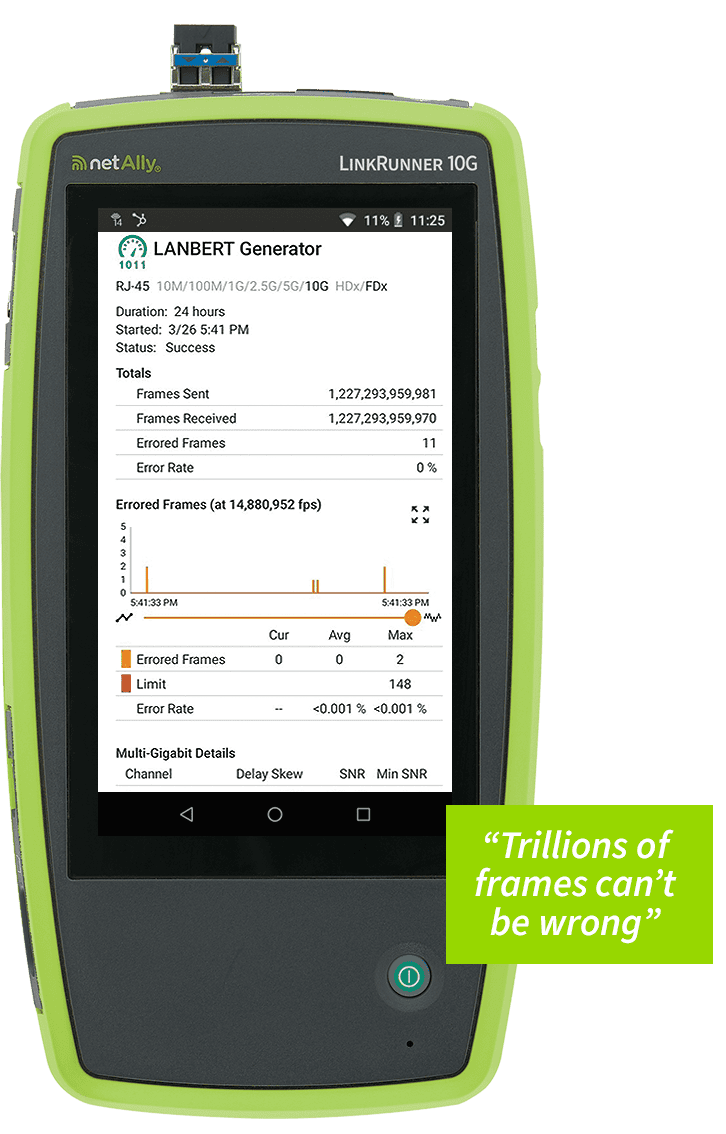 NetAlly LinkRunner 10G with LANBERT screen